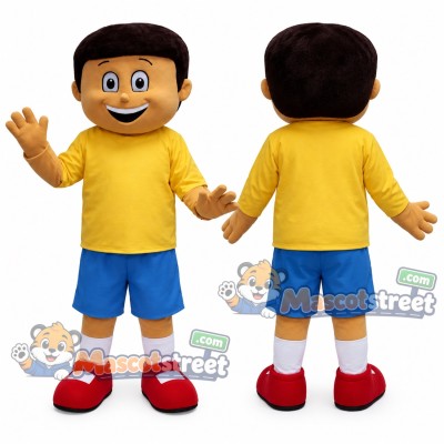 Boy Mascot Costume with Yellow Shirt and Blue Shorts Boy Mascot Costume with Yellow Shirt and Blue Shorts