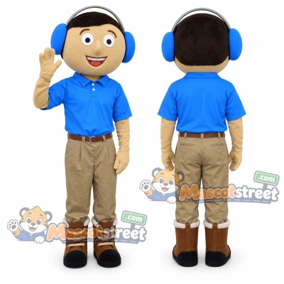 Boy Mascot Costume with Blue Shirt, Tan Pants and Headphones Boy Mascot Costume with Blue Shirt, Tan Pants and Headphones
