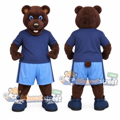 Brown Bear Mascot Costume with Navy Shirt and Blue Shorts Brown Bear Mascot Costume with Navy Shirt and Blue Shorts