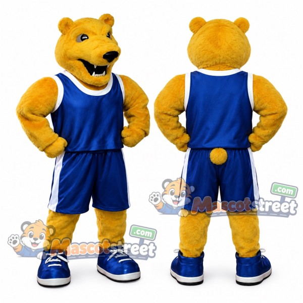Yellow Bear Mascot Costume with Blue Sports Uniform