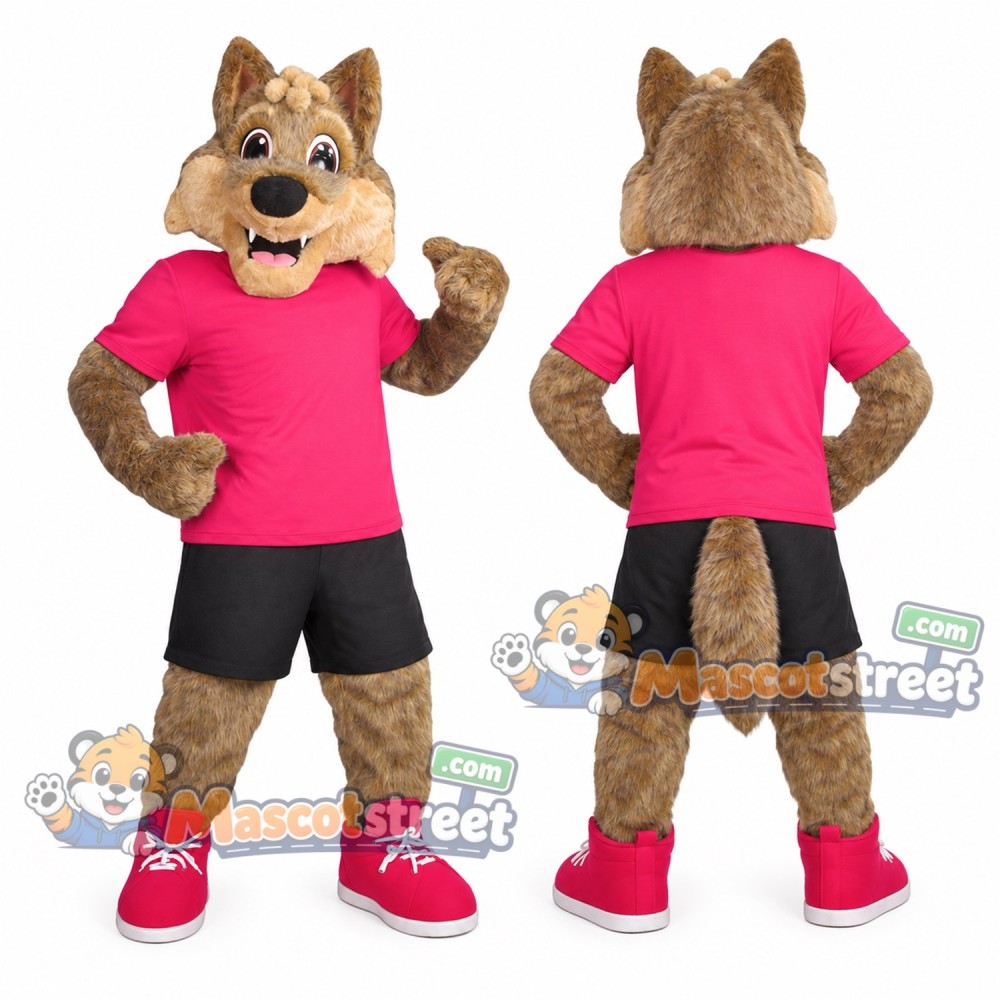 Brown Coyote Mascot Costume with Pink Shirt and Black Shorts Brown Coyote Mascot Costume with Pink Shirt and Black Shorts