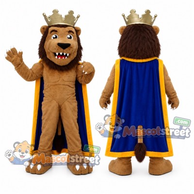 Brown Lion Mascot Costume with Crown and Blue Cape