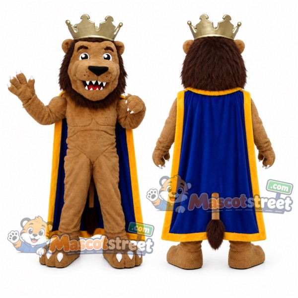 Brown Lion Mascot Costume with Crown and Blue Cape