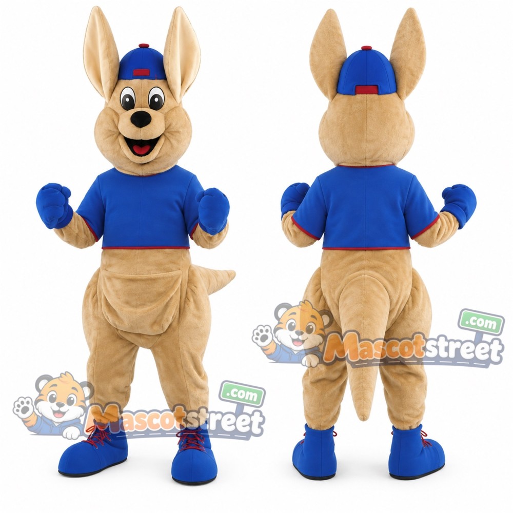 Tan Kangaroo Mascot Costume with Blue Shirt and Cap Tan Kangaroo Mascot Costume with Blue Shirt and Cap