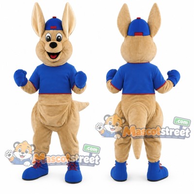 Tan Kangaroo Mascot Costume with Blue Shirt and Cap Tan Kangaroo Mascot Costume with Blue Shirt and Cap