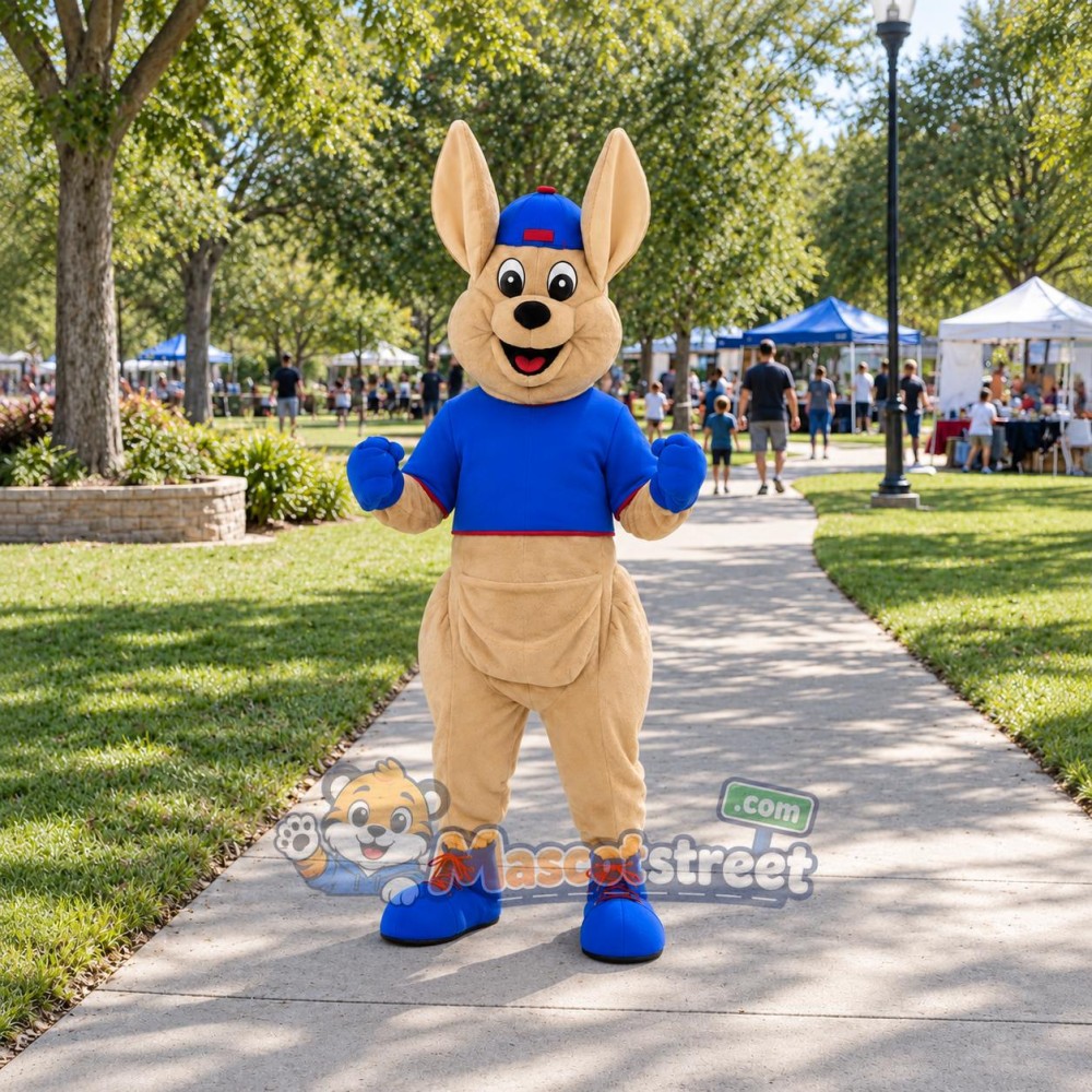 Tan Kangaroo Mascot Costume with Blue Shirt and Cap Tan Kangaroo Mascot Costume with Blue Shirt and Cap