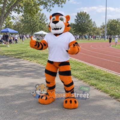 Orange Tiger Mascot Costume with White Shirt and Cap Orange Tiger Mascot Costume with White Shirt and Cap