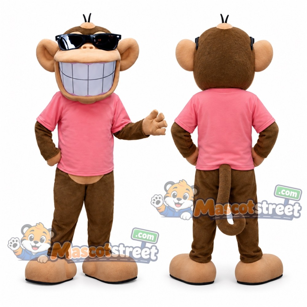 Brown Monkey Mascot Costume with Pink Shirt and Sunglasses Brown Monkey Mascot Costume with Pink Shirt and Sunglasses