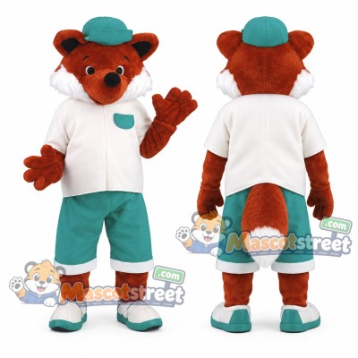Orange Fox Mascot Costume with White Shirt, Teal Shorts and Hat Orange Fox Mascot Costume with White Shirt, Teal Shorts and Hat
