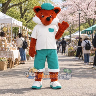 Orange Fox Mascot Costume with White Shirt, Teal Shorts and Hat