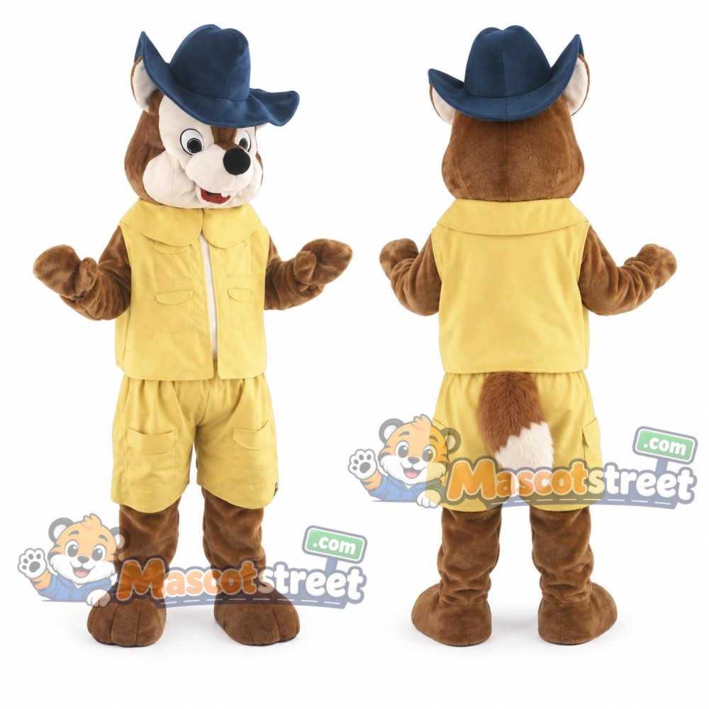Brown Fox Mascot Costume with Yellow Outfit and Blue Hat Brown Fox Mascot Costume with Yellow Outfit and Blue Hat