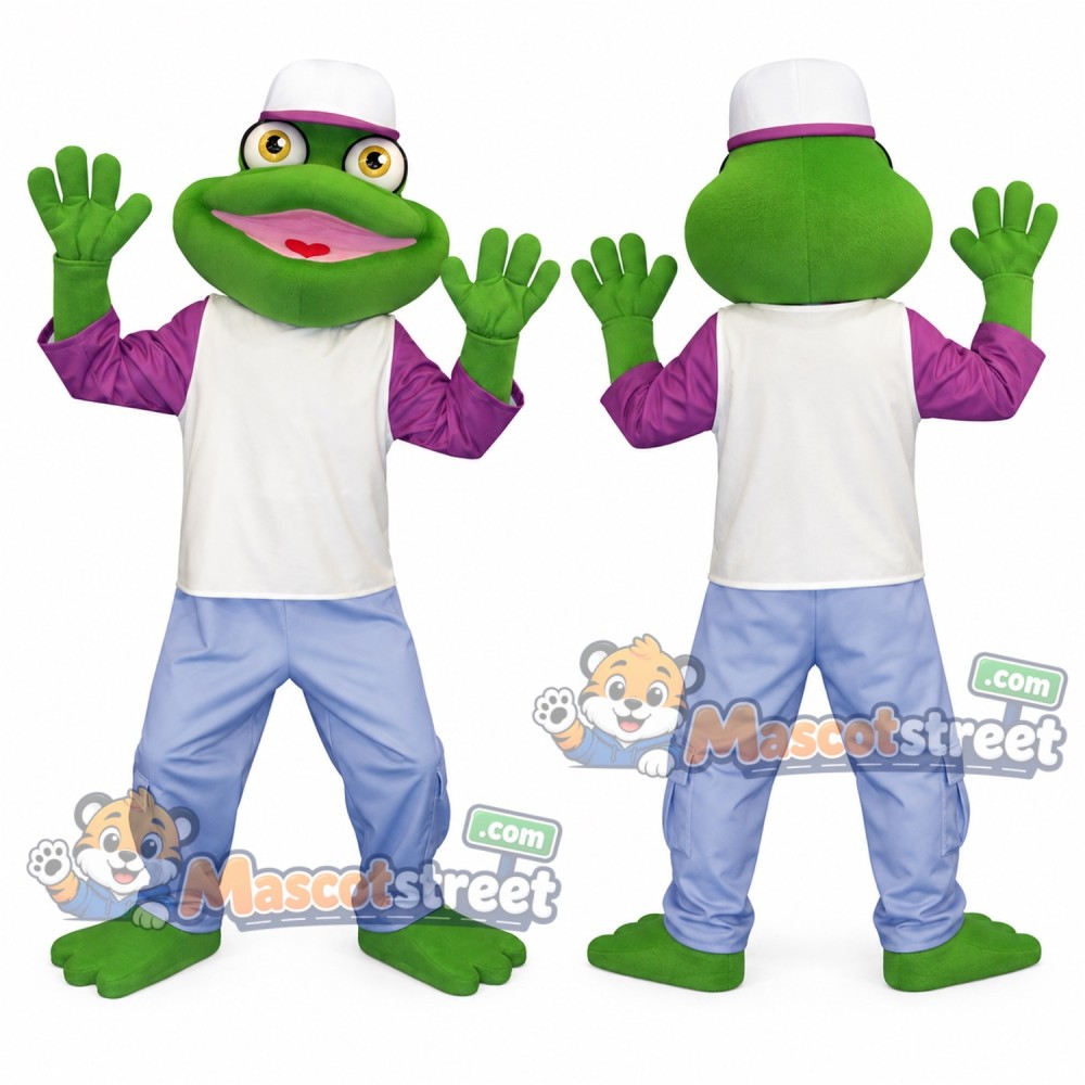 Green Frog Mascot Costume with White Shirt, Blue Pants and White Hat