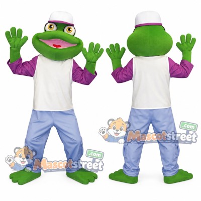 Green Frog Mascot Costume with White Shirt, Blue Pants and White Hat