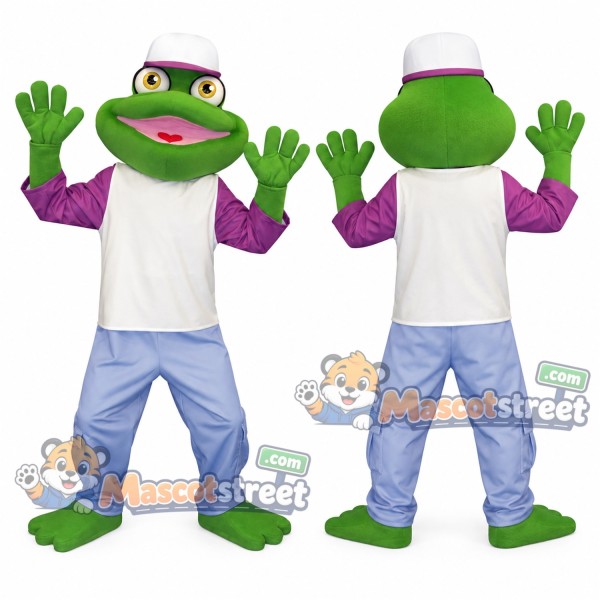 Green Frog Mascot Costume with White Shirt, Blue Pants and White Hat