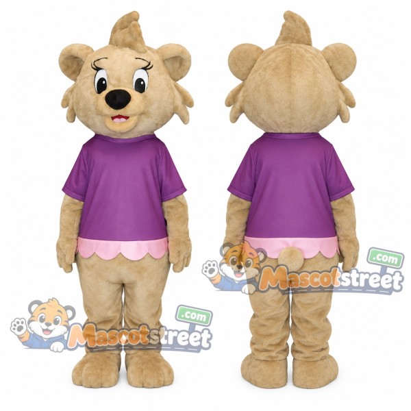 Tan Bear Mascot Costume with Purple Shirt
