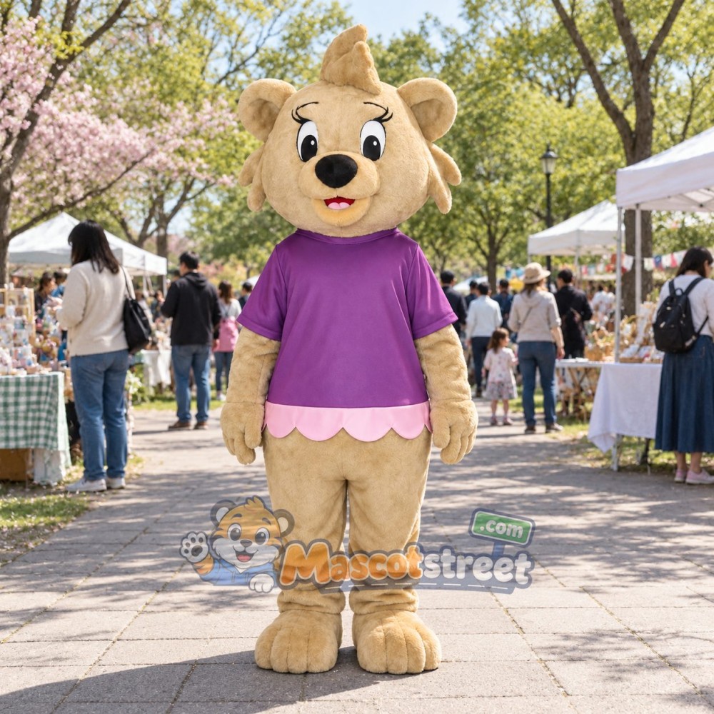 Tan Bear Mascot Costume with Purple Shirt Tan Bear Mascot Costume with Purple Shirt