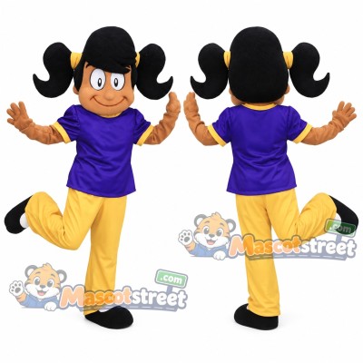 Girl Mascot Costume with Purple Shirt and Yellow Pants