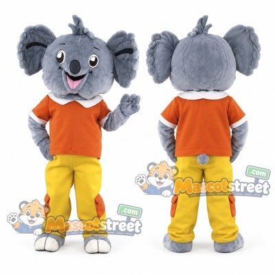 Gray Koala Mascot Costume with Orange Shirt and Yellow Pants