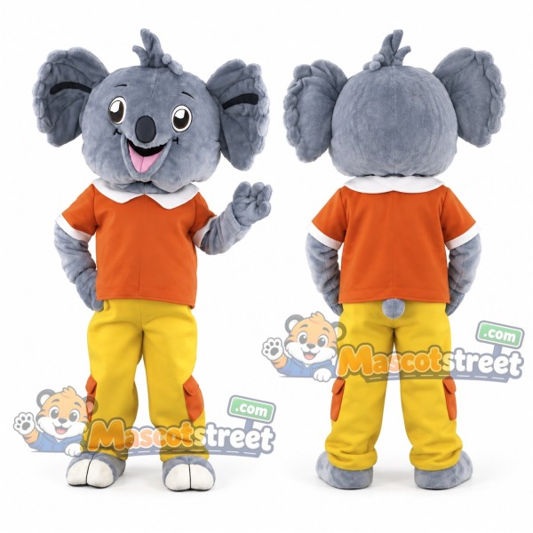 Gray Koala Mascot Costume with Orange Shirt and Yellow Pants