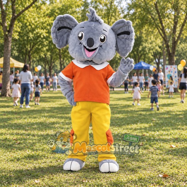 Gray Koala Mascot Costume with Orange Shirt and Yellow Pants