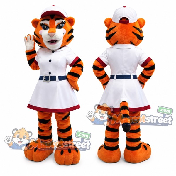 Orange Tiger Mascot Costume with White Dress and Cap
