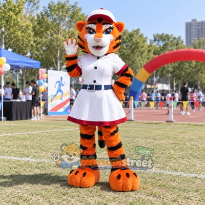 Orange Tiger Mascot Costume with White Dress and Cap Orange Tiger Mascot Costume with White Dress and Cap