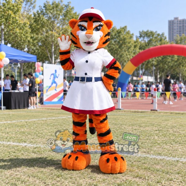 Orange Tiger Mascot Costume with White Dress and Cap