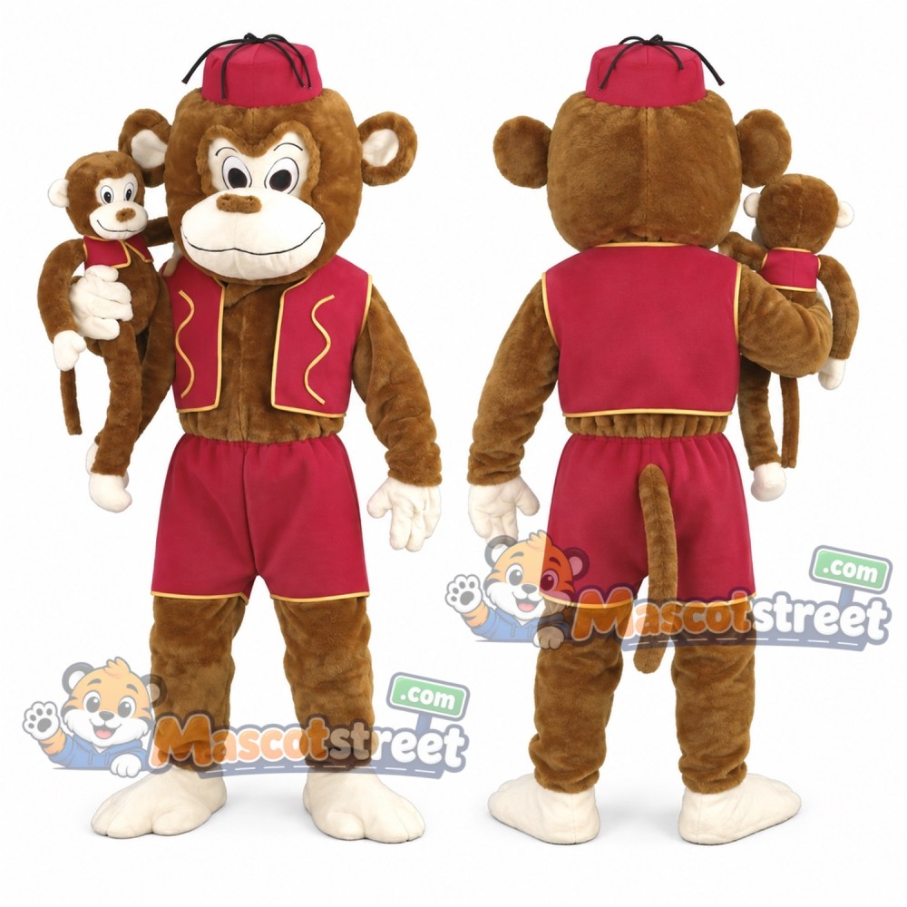 Brown Monkey Mascot Costume with Red Vest, Shorts and Fez Brown Monkey Mascot Costume with Red Vest, Shorts and Fez