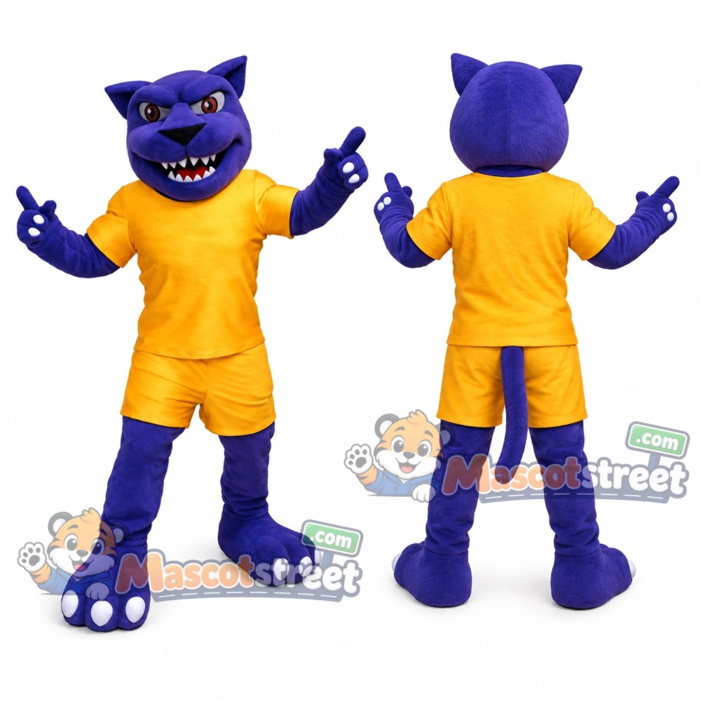 Purple Panther Mascot Costume with Orange Sports Uniform