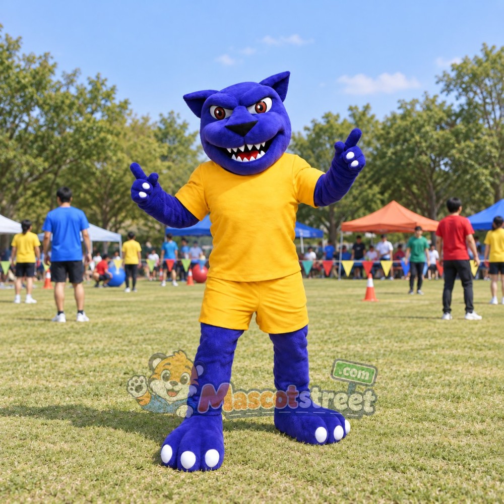 Purple Panther Mascot Costume with Orange Sports Uniform