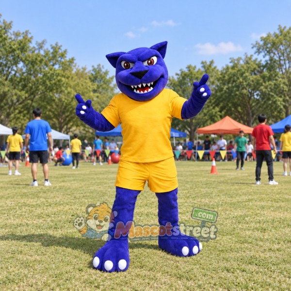 Purple Panther Mascot Costume with Orange Sports Uniform
