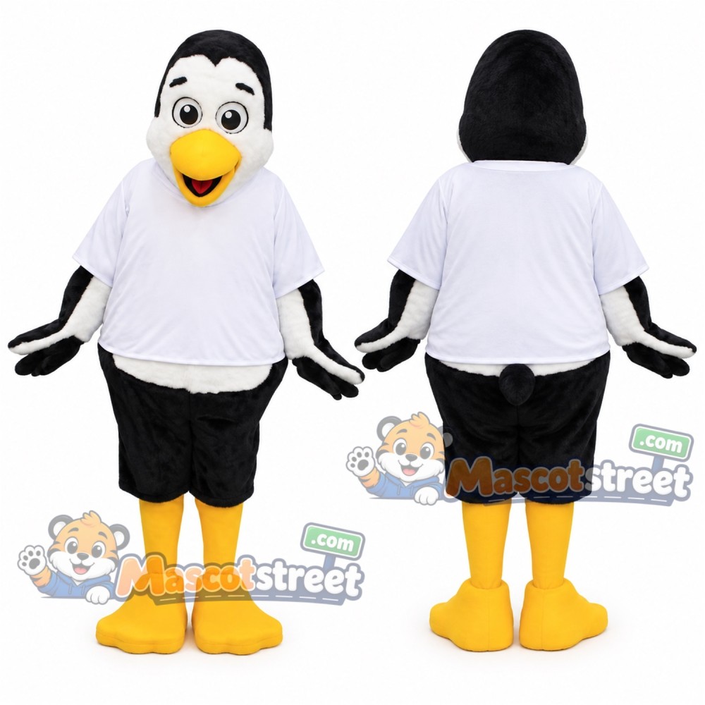 Penguin Mascot Costume with White Shirt and Black Shorts