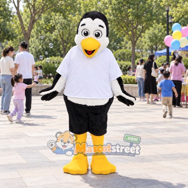 Penguin Mascot Costume with White Shirt and Black Shorts