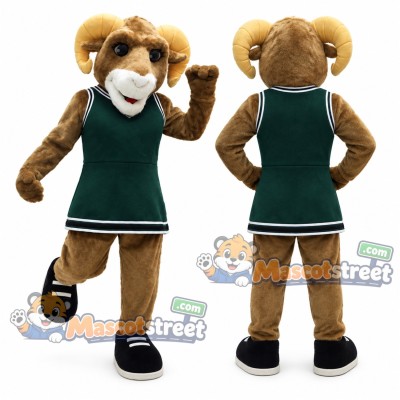 Brown Ram Mascot Costume with Green Sports Shirt