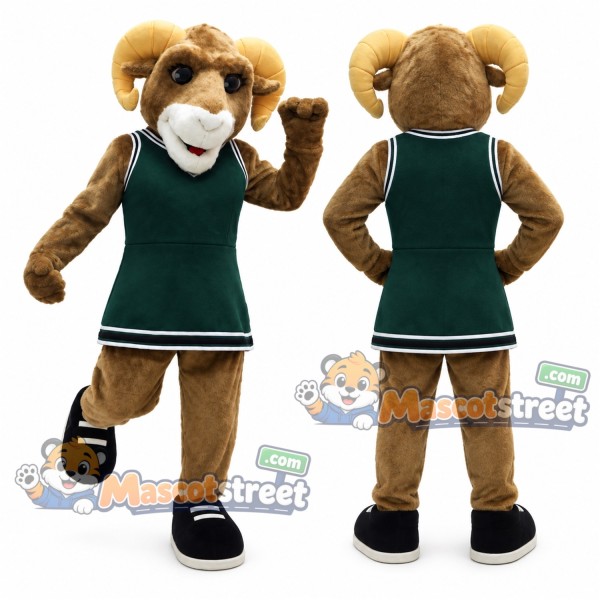 Brown Ram Mascot Costume with Green Sports Shirt