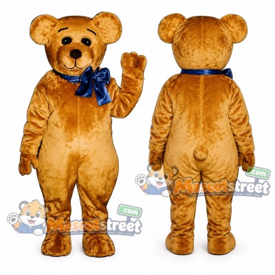 Tan Bear Mascot Costume with Blue Bow Tie