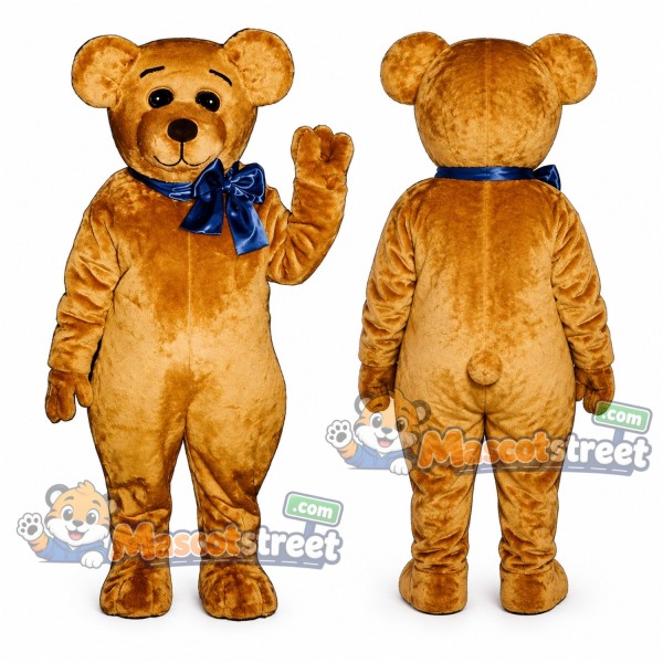Tan Bear Mascot Costume with Blue Bow Tie
