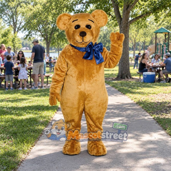 Tan Bear Mascot Costume with Blue Bow Tie