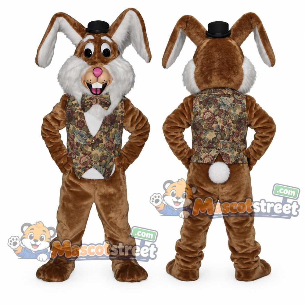 Brown Rabbit Mascot Costume with Floral Vest and Black Hat Brown Rabbit Mascot Costume with Floral Vest and Black Hat