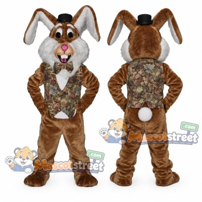 Brown Rabbit Mascot Costume with Floral Vest and Black Hat Brown Rabbit Mascot Costume with Floral Vest and Black Hat