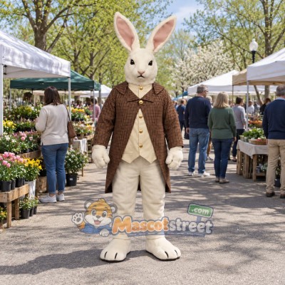 White Rabbit Mascot Costume with Brown Tailcoat White Rabbit Mascot Costume with Brown Tailcoat