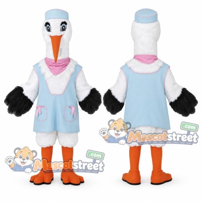 White Stork Mascot Costume with Light Blue Dress