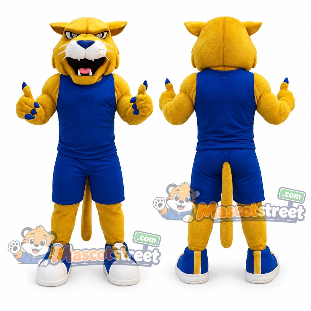 Yellow Wildcat Mascot Costume with Blue Sports Uniform Yellow Wildcat Mascot Costume with Blue Sports Uniform