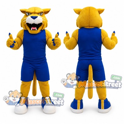 Yellow Wildcat Mascot Costume with Blue Sports Uniform Yellow Wildcat Mascot Costume with Blue Sports Uniform