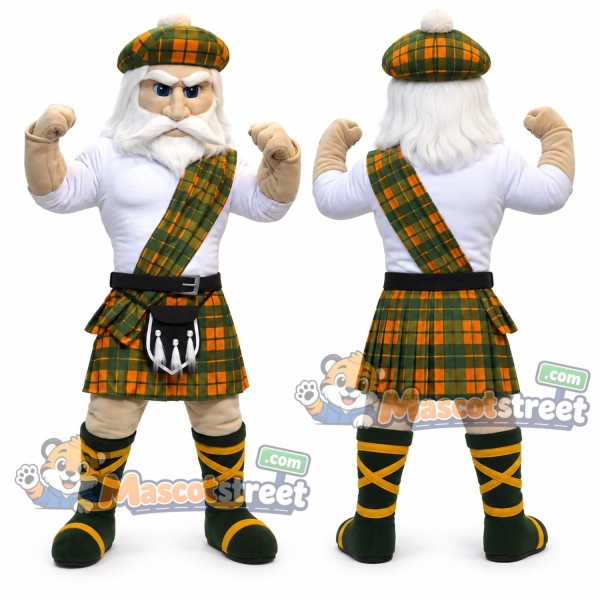 Scottish Highlander Mascot Costume with Plaid Kilt and Cap