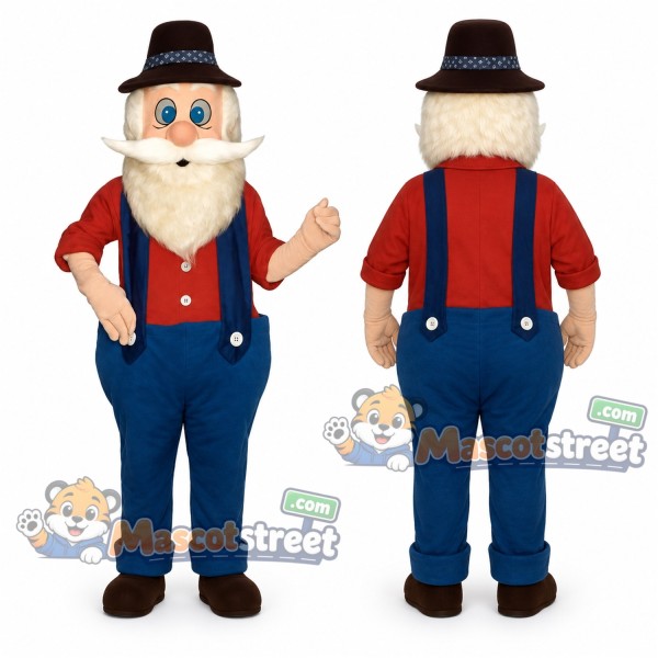 Farmer Mascot Costume with Red Shirt, Blue Overalls and Brown Hat
