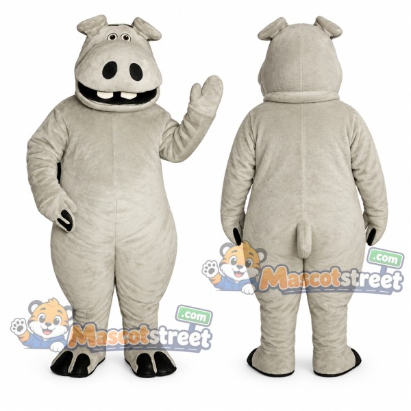 Gray Hippo Mascot Costume with Black Collar
