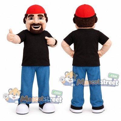 Man Mascot Costume with Black Shirt, Blue Pants and Red Bandana