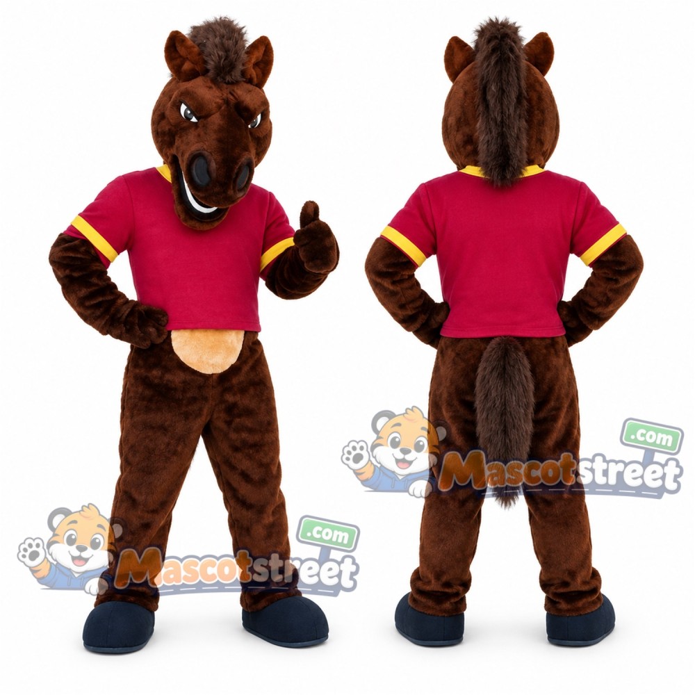 Brown Horse Mascot Costume with Burgundy Shirt
