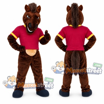 Brown Horse Mascot Costume with Burgundy Shirt